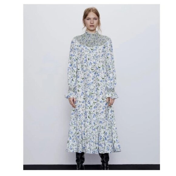 Zara Linen Blend Cottagecore Floral Long Sleeve Dress Smocked Neck size Small - Picture 2 of 11